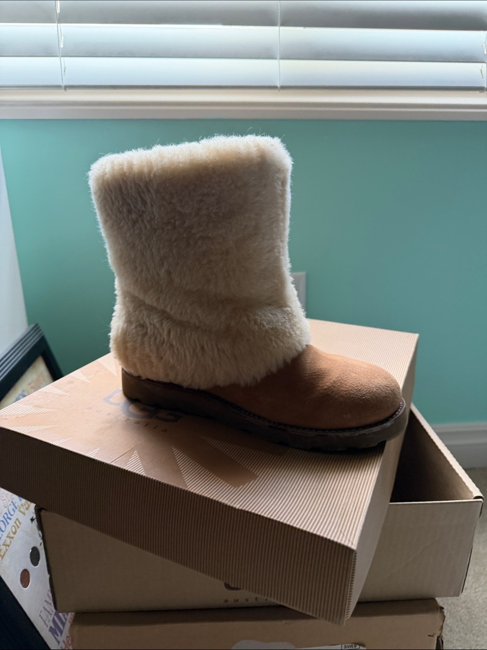 UGG Chestnut and Cream Shearling Fold-Over Ankle Boots